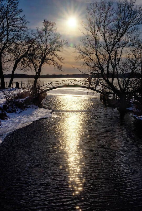 Lake Mills Art Print featuring the photograph A Perfect Day - Sunset behind Arch Bridge at Bartel Beach at Lake Mills Wisconsin by Peter Herman