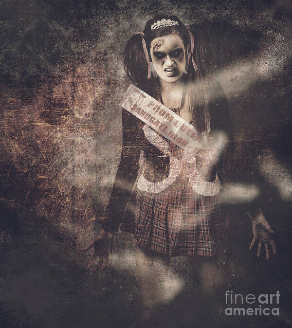 Haunted Art Print featuring the photograph Vintage photograph of a dead zombie prom queen by Jorgo Photography