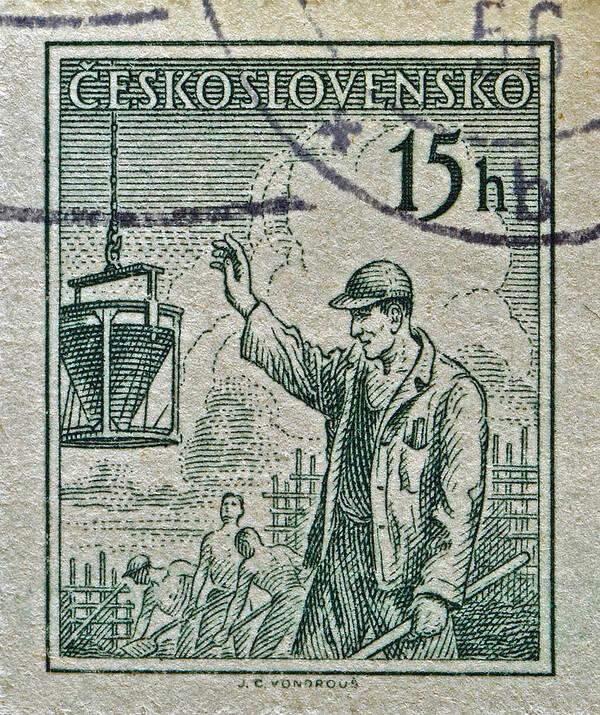 1954 Art Print featuring the photograph 1954 Czechoslovakian Construction Worker Stamp by Bill Owen