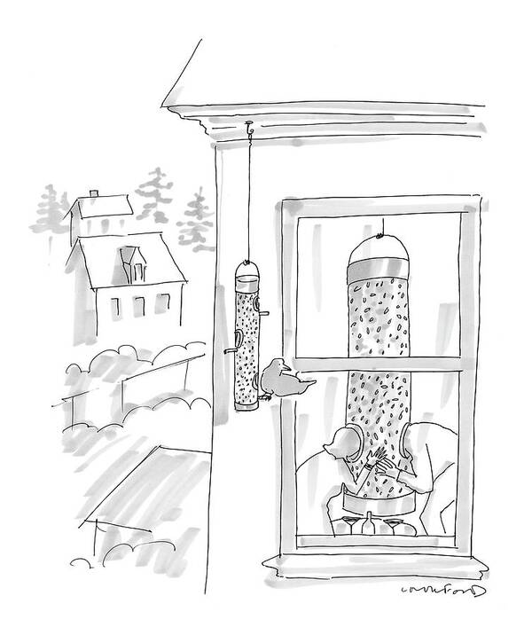 Food Low Cuisine Interiors 

(bird Perched On Bird Feeder Watches People Eating Out Of Large Bird Feeder In Their Apartment.) 120694 Mcr Michael Crawford Art Print featuring the drawing New Yorker March 21st, 2005 by Michael Crawford