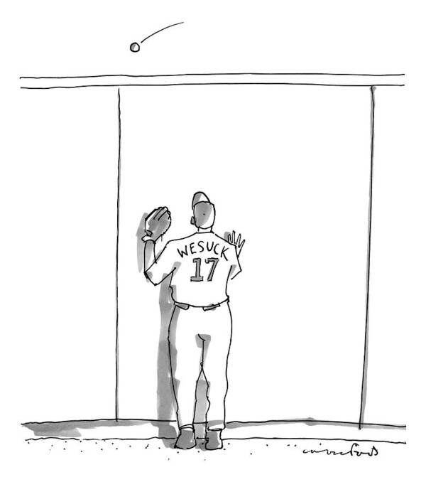 Baseball Art Print featuring the drawing A Baseball Player Watches A Ball Fly Over A Wall by Michael Crawford