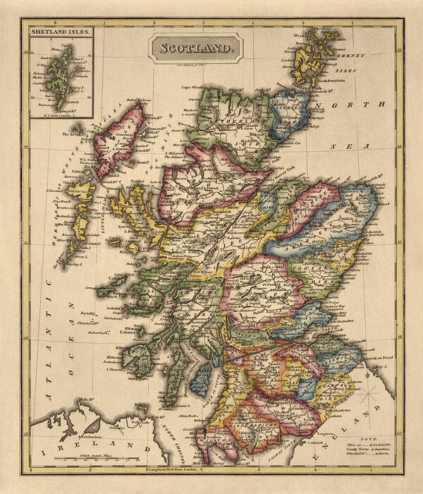 Scotland Art Print featuring the drawing Antique Map of Scotland by Fielding Lucas - circa 1817 by Blue Monocle