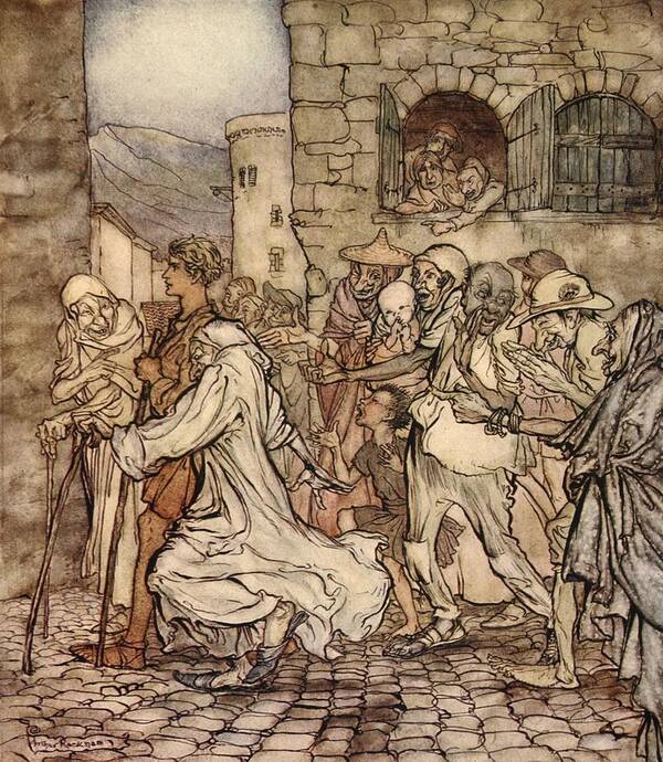 Greek Mythology Art Print featuring the drawing As Perseus Walked Along The People by Arthur Rackham