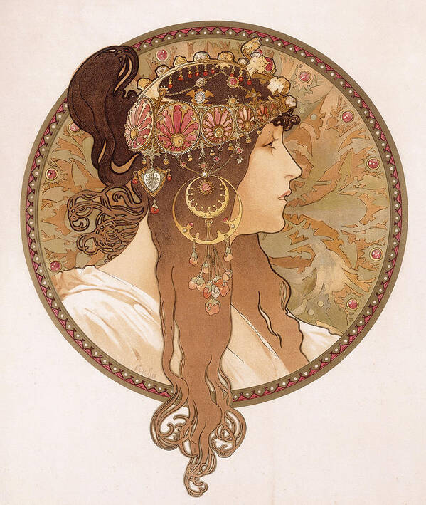 Mucha Art Print featuring the painting Byzantine head of a brunette by Alphonse Marie Mucha