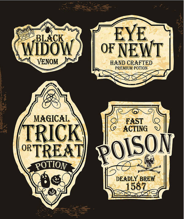Potion Art Print featuring the drawing Halloween themed old fashioned label designs by JDawnInk