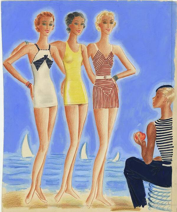 Exterior Art Print featuring the digital art Illustration Of Models On A Beach Wearing Bathing by Pierre Mourgue