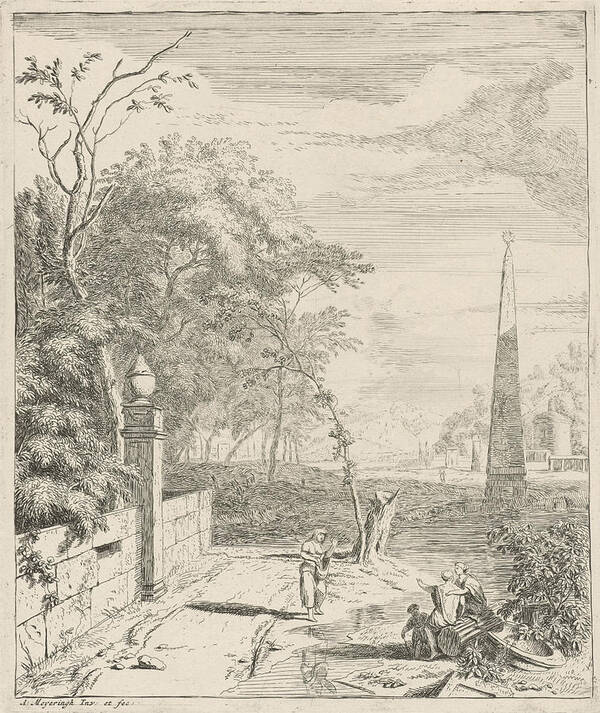 Obelisk Art Print featuring the drawing Landscape With An Obelisk, Albert Meyeringh by Albert Meyeringh