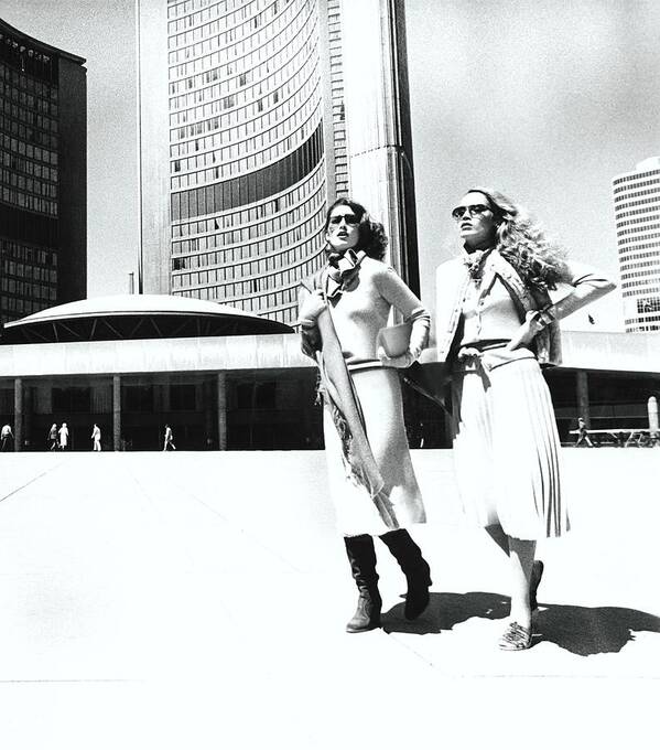 Accessories Art Print featuring the photograph Models Walking By City Hall Plaza In Toronto by Albert Watson