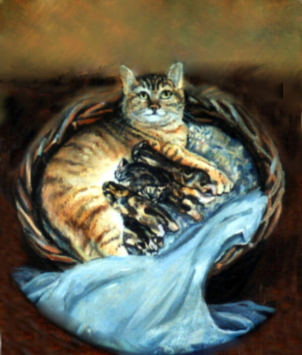 Nature Art Print featuring the painting Mom With Her Kittens by Donna Tucker