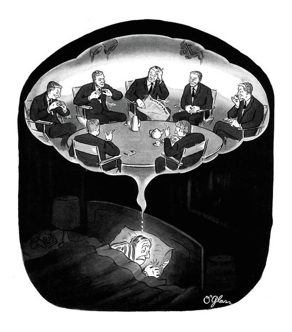 (man Has A Nightmare Of Many David Susskinds Seated Around A Discussion Table On His Tv Show Art Print featuring the drawing New Yorker January 18th, 1964 by C.E. O'Glass