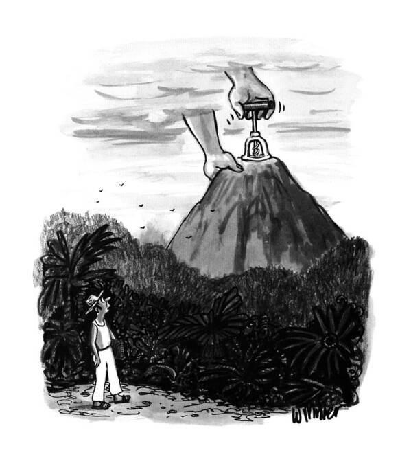 No Caption
An Island Villager Watches Two Giant Hands Emerge From The Heavens And Use A Giant Corkscrew To Unplug/open A Volcano Art Print featuring the drawing New Yorker July 24th, 1995 by Warren Miller