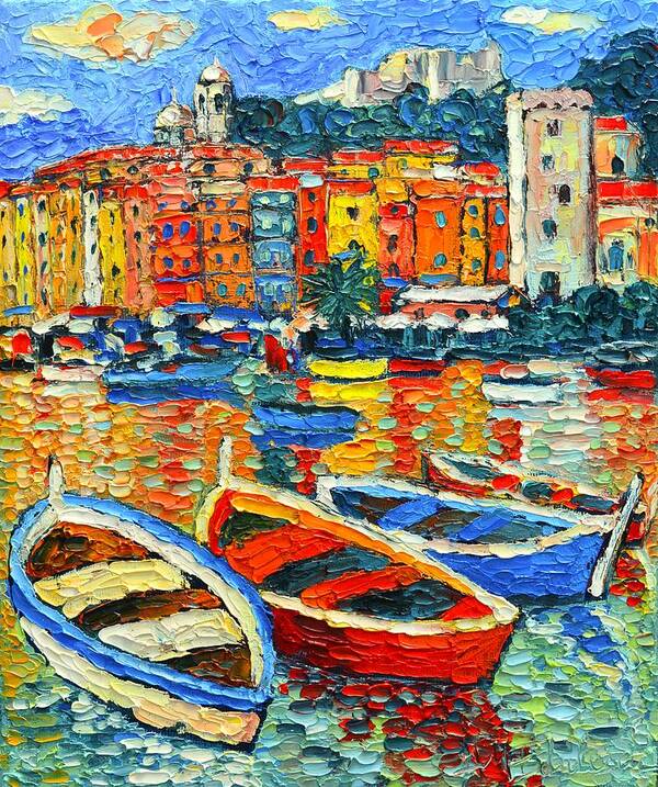 Portovenere Art Print featuring the painting Portovenere Harbor - Italy - Ligurian Riviera - Colorful Boats And Reflections by Ana Maria Edulescu
