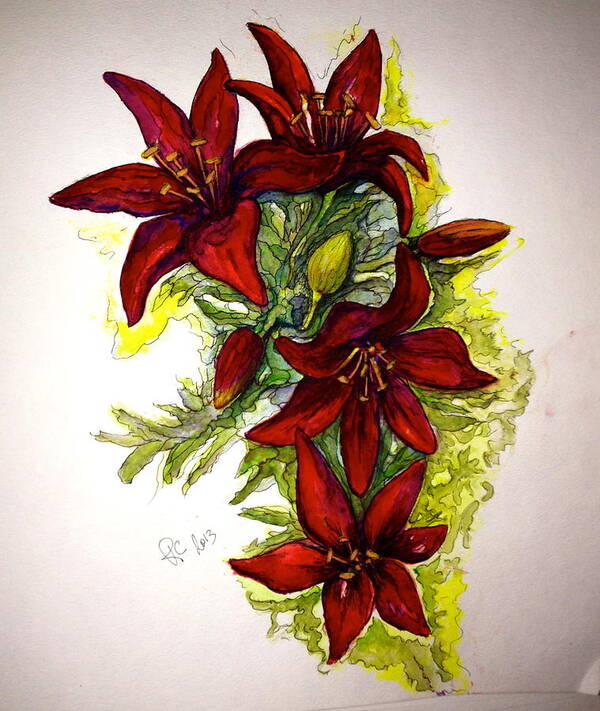 Red Lilies Art Print featuring the painting Red Lilies by Rae Chichilnitsky