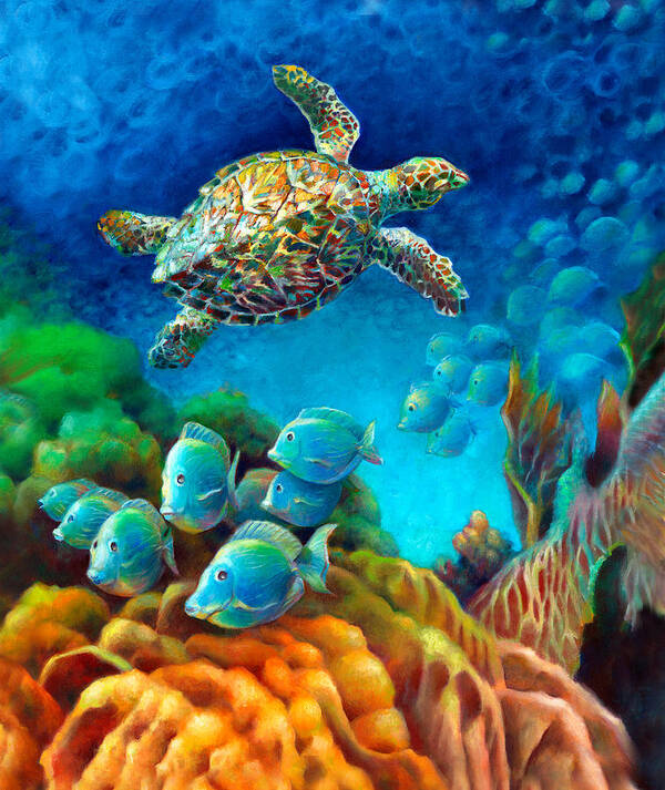Turtle Art Print featuring the painting Sea eScape III - Hawksbill Gemstone Turtle by Nancy Tilles