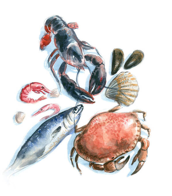 Watercolor Painting Art Print featuring the digital art Seafood Watercolor by Axllll