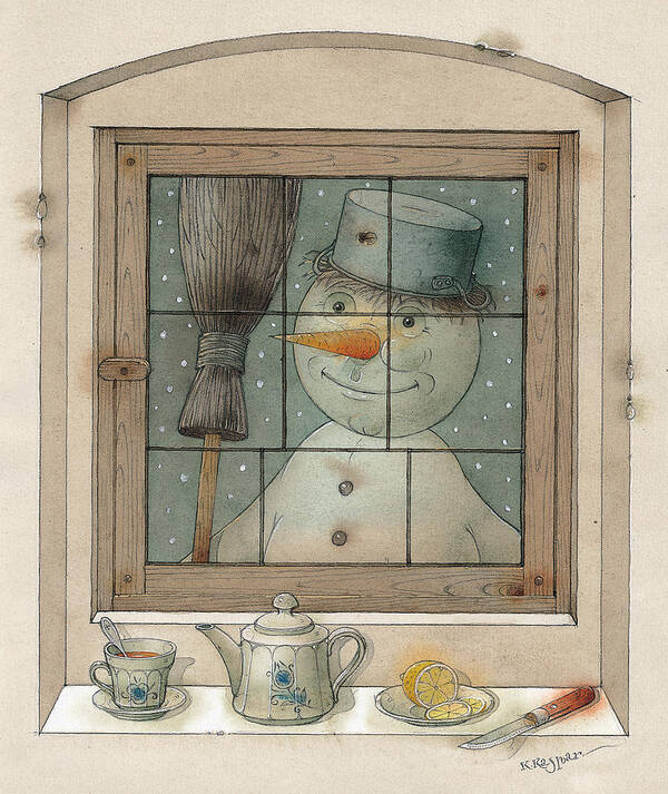 Snowman Art Print featuring the painting Snowman by Kestutis Kasparavicius