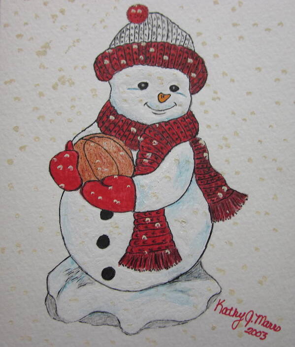 Snowman Art Print featuring the painting Snowman Playing Basketball by Kathy Marrs Chandler