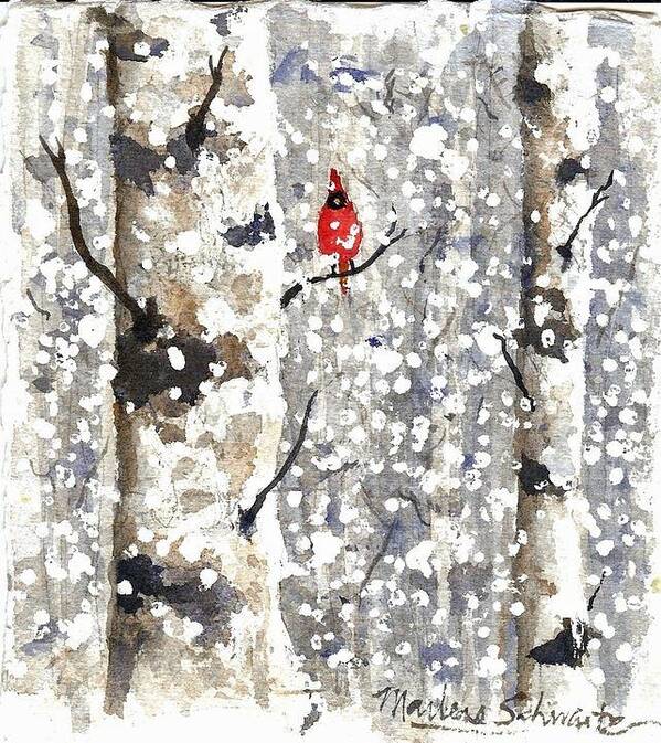Winter Art Print featuring the painting Snowy Hello by Marlene Schwartz Massey