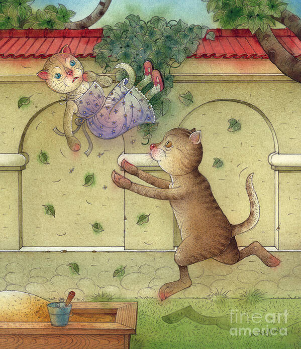 Cat Fantasy Garden Children Green Tree Art Print featuring the painting The Dream Cat 16 by Kestutis Kasparavicius