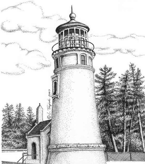 Lighthouse Art Print featuring the drawing Umpqua River Lighthouse by Lawrence Tripoli