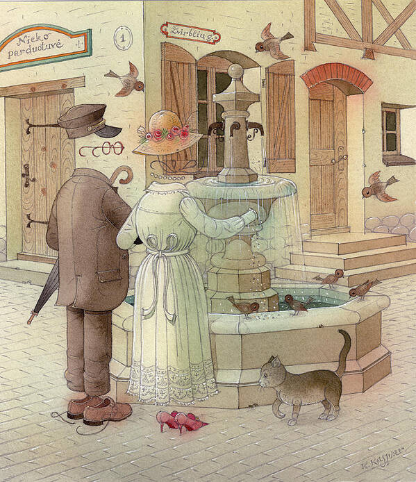 Fountain City Oldtown Water Cat Birds Art Print featuring the painting At the fountain by Kestutis Kasparavicius