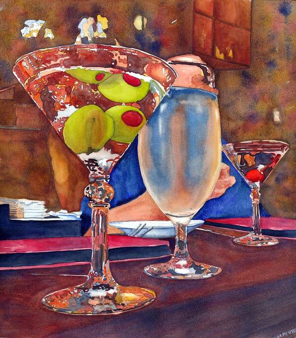 Watercolor Art Print featuring the painting Two Olives Walk into A Bar... by Gerald Carpenter