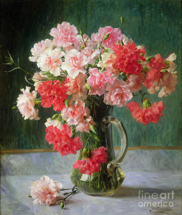 Still Art Print featuring the painting Still life of Carnations by Emile Vernon by Emile Vernon