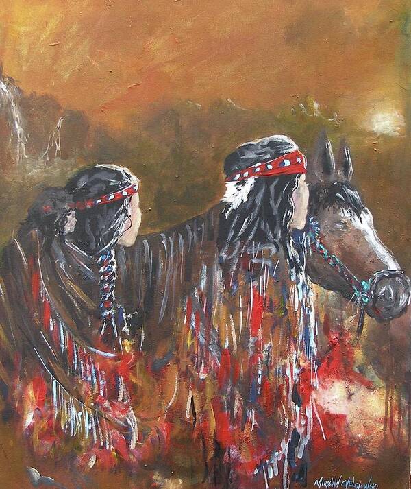 American Indian Family Apache Indians Horse Child Woman Man Walking Brown Sky Mountains Waterfall Wandering Evening Caring Sunset Red Colors Acrylic On Canvas Painting Print Blue Braid Tress Hair Feather American Native Culture Hair Band Baby Art Print featuring the painting American Indians Family by Miroslaw Chelchowski