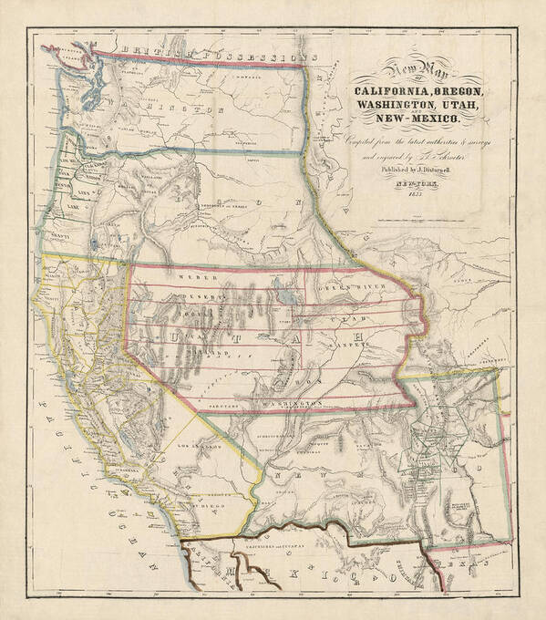 West Art Print featuring the drawing Antique Map of the Western United States by John Disturnell - 1853 by Blue Monocle