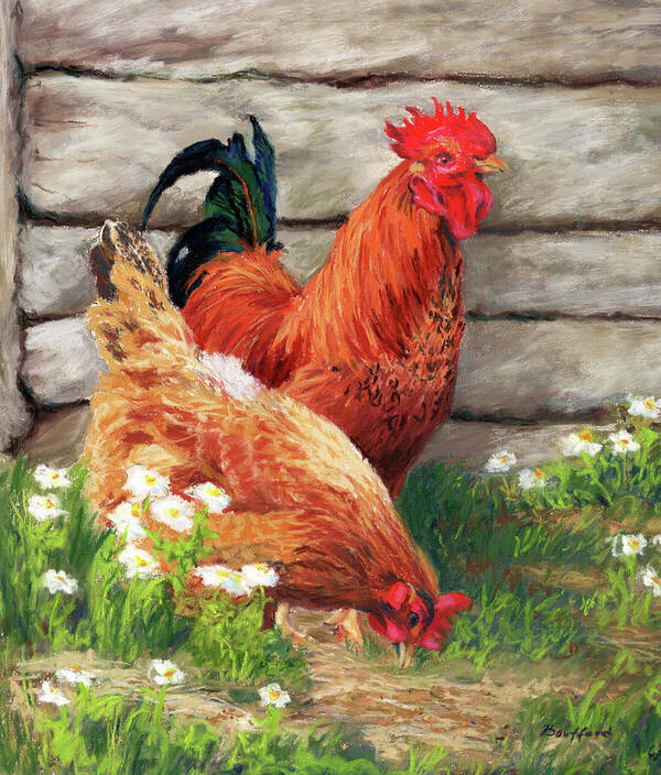 Chickens Art Print featuring the pastel Barnyard Buddies by Vikki Bouffard