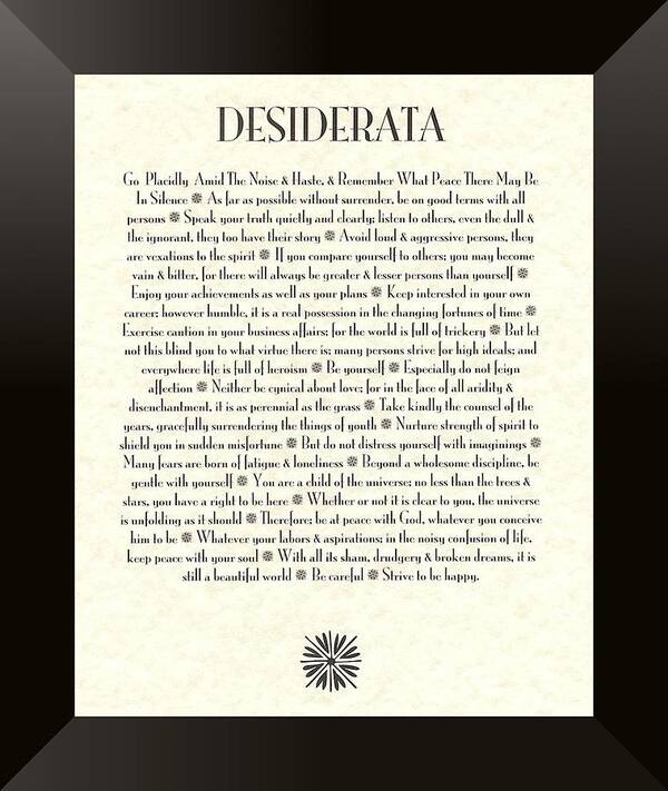 Desiderata Art Print featuring the mixed media Black Border Sunburst DESIDERATA Poem by Desiderata Gallery