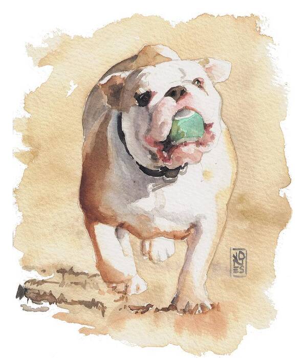 Bulldog Art Print featuring the painting Bull and Ball by Debra Jones