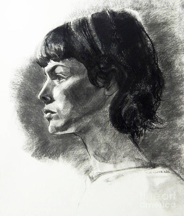 Greta Corens Art Print featuring the drawing Charcoal Portrait of a Pensive Young Woman in Profile by Greta Corens
