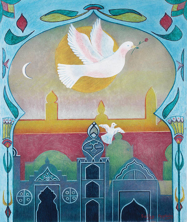Fantasy Art Print featuring the mixed media Dove with Blue Arch by Sally Appleby