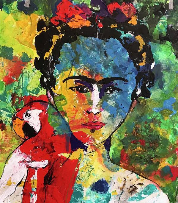 Frida Art Print featuring the painting Frida and Parrot Uno by Elaine Elliott