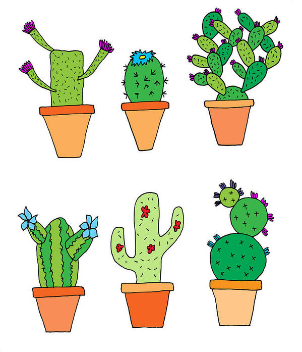Hand drawn illustration of whimsical cartoon style cactus plants Art Print  by Matthew Gibson - Fine Art America