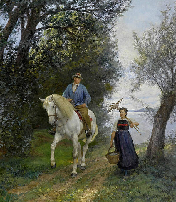 Rudolf Koller Art Print featuring the painting Horseman at a Lake by Rudolf Koller