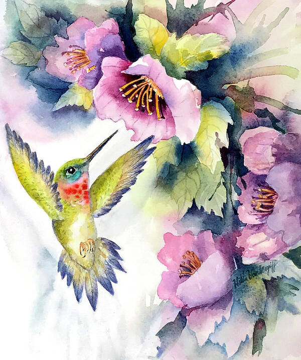 Hummingbird Art Print featuring the painting Hummingbird with Pink Flowers by Hilda Vandergriff