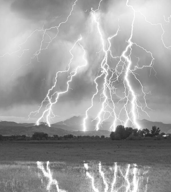 Foothills Art Print featuring the photograph Lightning Striking Longs Peak Foothills 4CBW by James BO Insogna