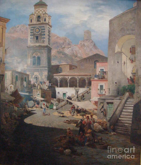 Oswald Achenbach  Market Square In Amalfi Art Print featuring the painting Market Square in Amalfi by MotionAge Designs