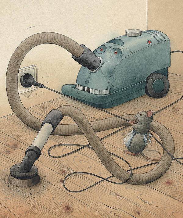 Mice Monster Vacuum-cleaner Brown Art Print featuring the painting Mice and Monster by Kestutis Kasparavicius