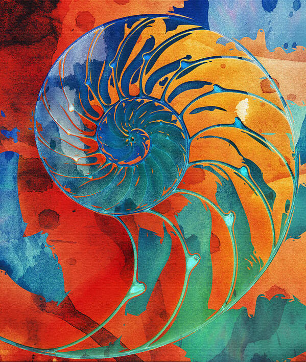 Clare Bambers Art Print featuring the digital art Nautilus Shell Orange Blue Green by Clare Bambers