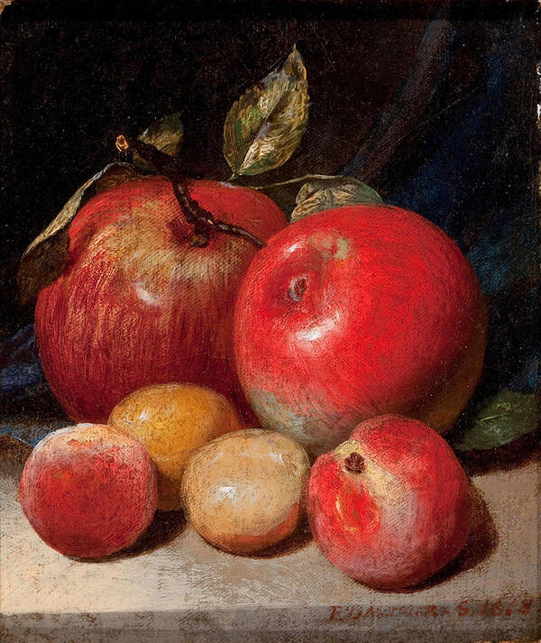 Peter Baumgras Art Print featuring the painting Still life with Apples and Plum by Peter Baumgras