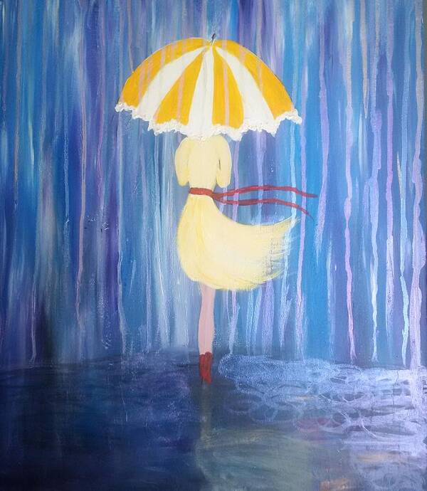 Yellow Umbrella Art Print featuring the painting Sunshine in the Rain by Lynne McQueen