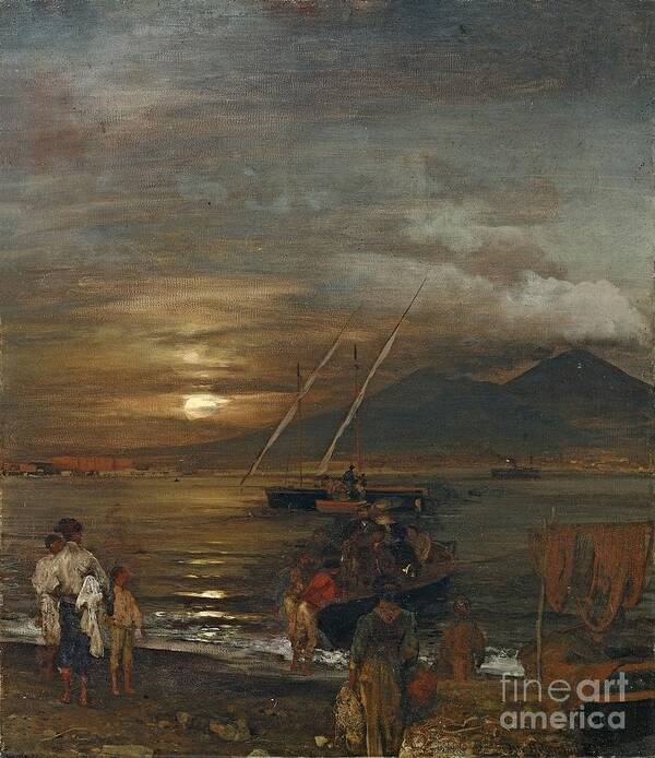 Oswald Achenbach Art Print featuring the painting The Bay Of Naples In The Moonlight by MotionAge Designs