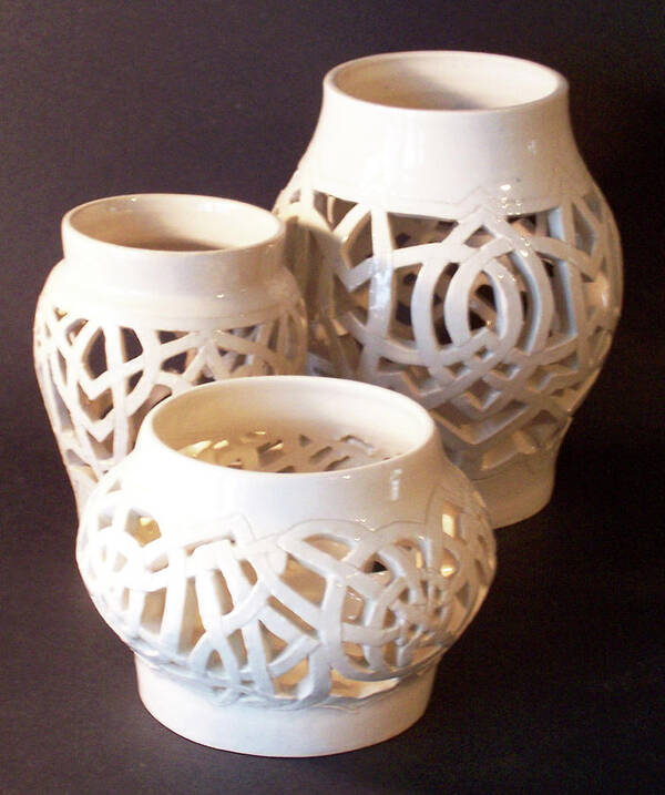 White Art Print featuring the ceramic art Three Interlaced Design Wheel Thrown Pots by Carolyn Coffey Wallace