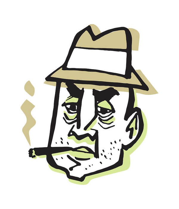 Bad Habit Art Print featuring the drawing Man in Hat Smoking Cigar #1 by CSA Images