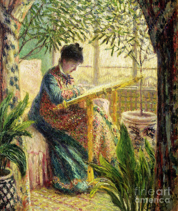 Interior Art Print featuring the painting Madame Monet Embroidering by Claude Monet
