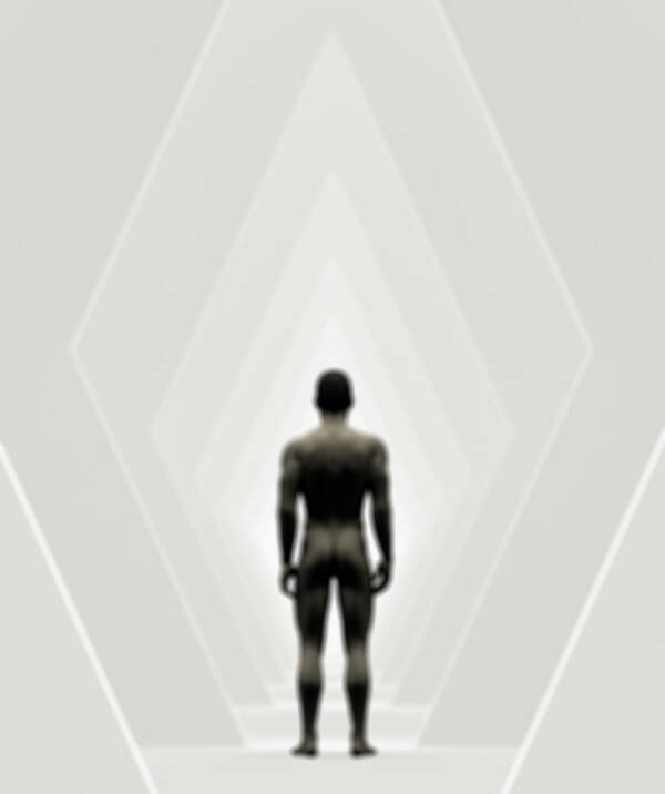 People Art Print featuring the digital art A Naked Man Standing In A Futuristic by Jorg Greuel