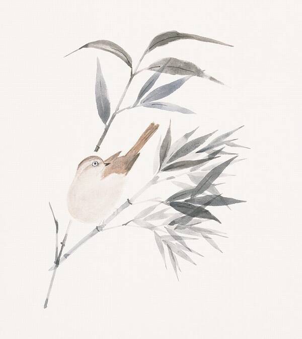 Viewpoint Art Print featuring the digital art A Sparrow And Bamboo Leaves by Daj